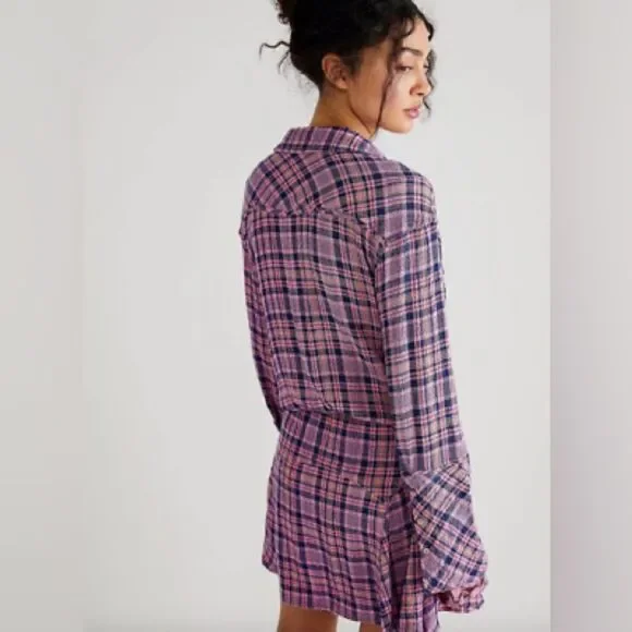 NEW FREE PEOPLE PINK MILO PLAID BUTTON FRONT MINI DRESS SIZE L - Picture 2 of 4